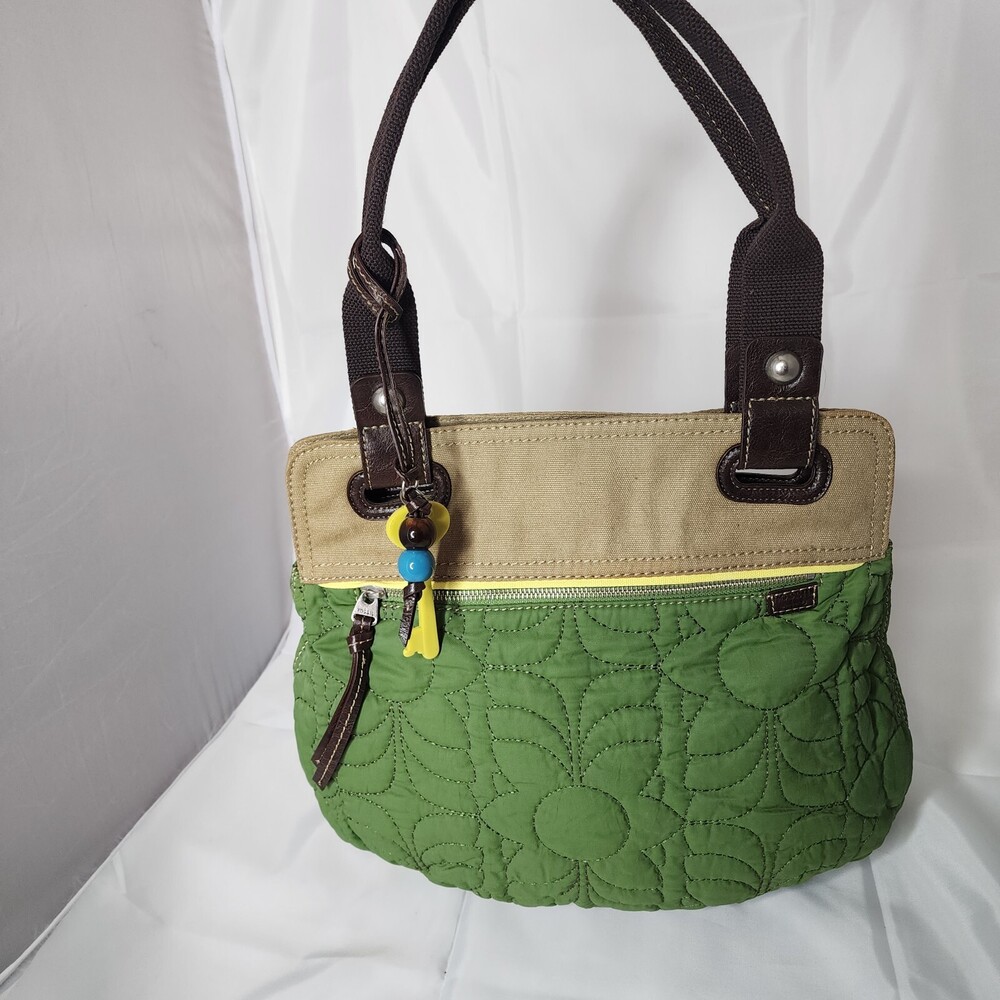 Vintage FOSSIL KEY-PER GREEN NYLON QUILTED FLORAL TOTE/HOBO SHOULDER BAG USED